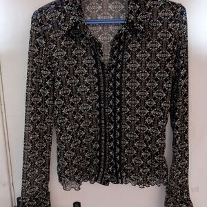 Mexx Black & Grey & Ochre Size Med blouse with repetitive motifs paterned.